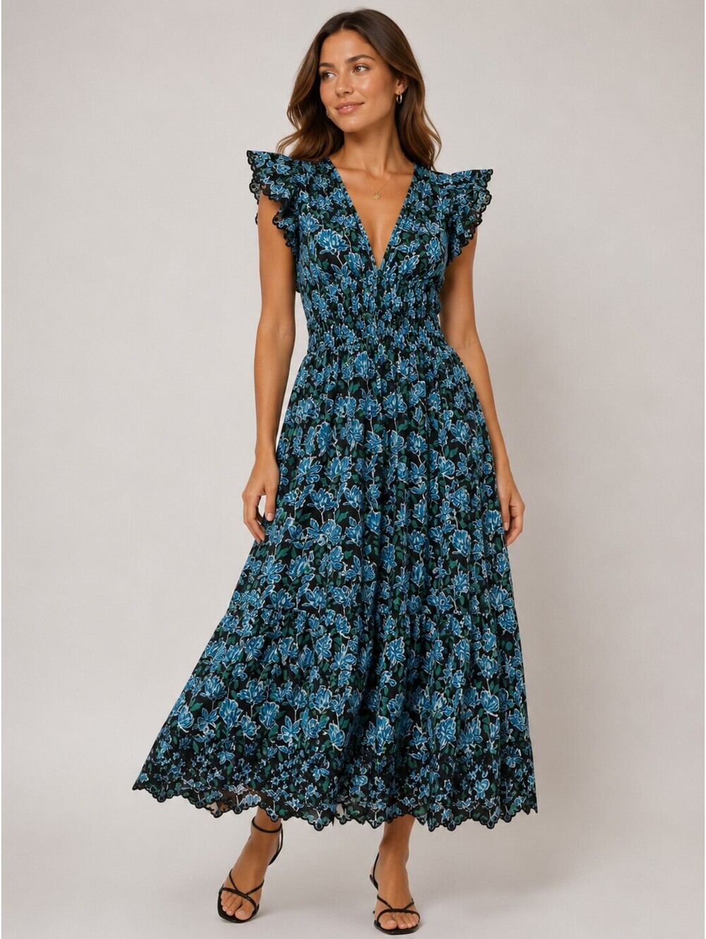 Rails Blue Floral Flutter Sleeve Midi Dress Smocked Waist V Neck Size Small